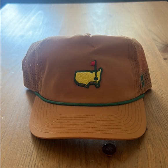Masters Tan Golf Hat with Green and Yellow Logo - Picture 1 of 4
